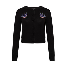 Ro Rox Swallows Cardigan Rockabilly Retro Vintage Bird Embroidery Knit Knitted, Black, M - UK12, FR40, DE38, US8