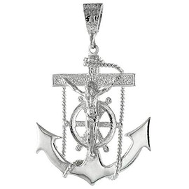 Large Sterling Silver Anchor Cross Mariners Cross Pendant 8mm Bale Polished Heavy, 2 inch
