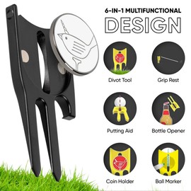 Birdicorn Golf Divot Repair Tool. Golf Ball Marker Divot Tool (Black w/Ball Marker)