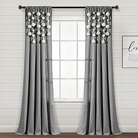 Lush Decor Boho Pom Pom Tassel Linen Window Curtain Panel (Single Panel), 95" L x 52" W, Dark Gray