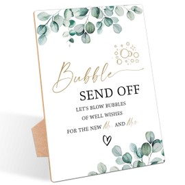 Bubble Send Off Sign, Greenery Wedding Ceremony Sign, Pack of 1 Wooden Tabletop Sign with Stand, Wedding Supplies, Engagement and Reception Wedding Decorations - LD32