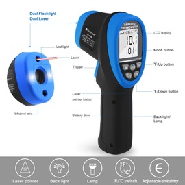 HOLDPEAK HP-1800 Profession Nine Laser Pointer Pyrometer -58℉~3272℉ (-50℃~1800℃) D:S=50:1 Non-Contact Infrared Thermometer Gun,Emissivity Adjustable,Max/Min for Melting Kiln Forge【NOT for Human】