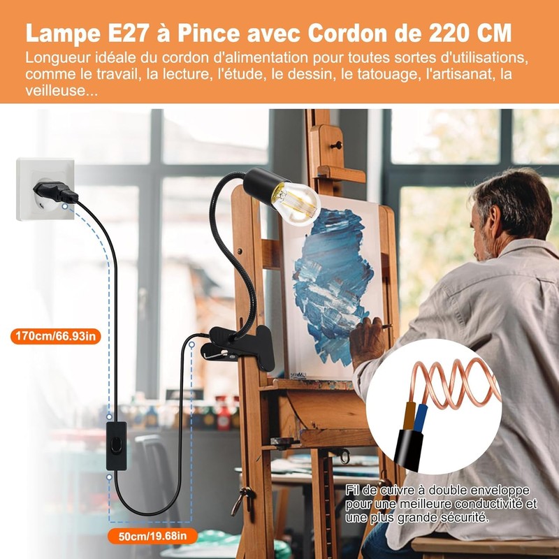 E27 Clamp Lamp, 2 Pack Bedside Lamp, E27 Socket with