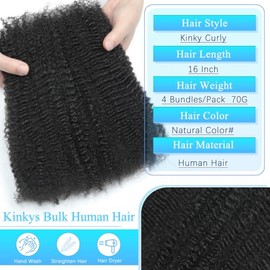Afro Kinkys - Cabello humano a granel de 16 pulgadas, cabello humano afro kinky-rizado a granel para extensiones de rastas de torsión, reparación de l