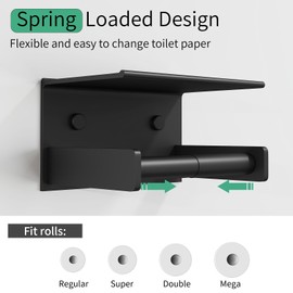 Toilet Paper Holder with Shelf, Adhesive or Screw Wall Mount Paper Towel Holder,Stainless Steel Tissue Holder with Toilet Paper Spring Rod for Bathroom Wipe Storage,Washroom（Black）