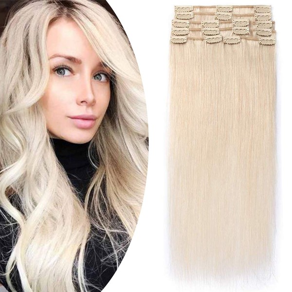Sego Clip-In Real Hair Extensions, 8 Wefts, Thin Extensions, 100% Remy Human Hairpieces, White Bleached #70-1, 45 cm (70 g)