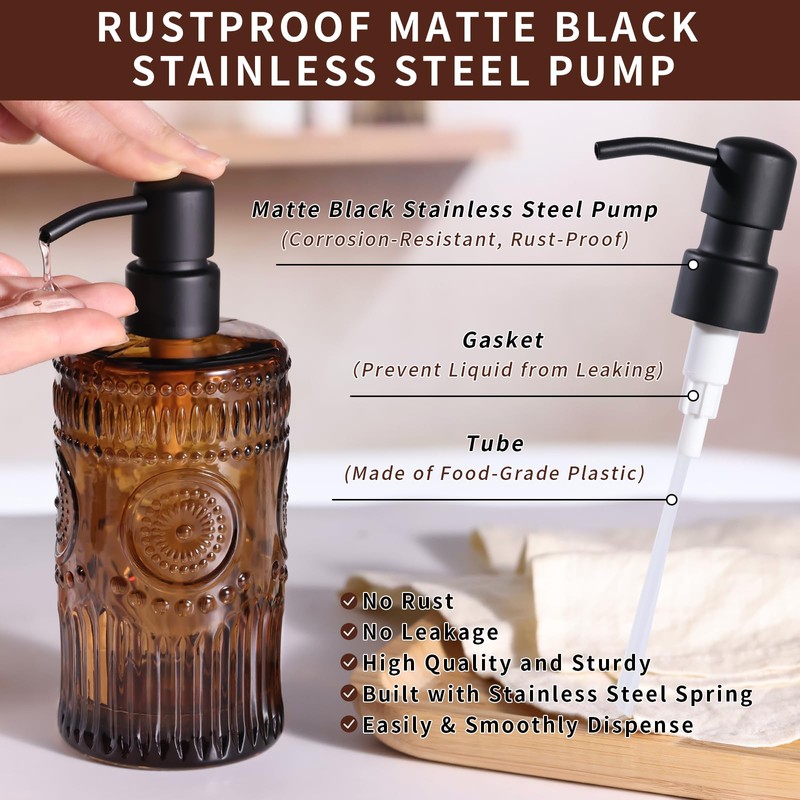 Simeitol 17 OZ Amber Glass Soap Dispenser with Black Stainless