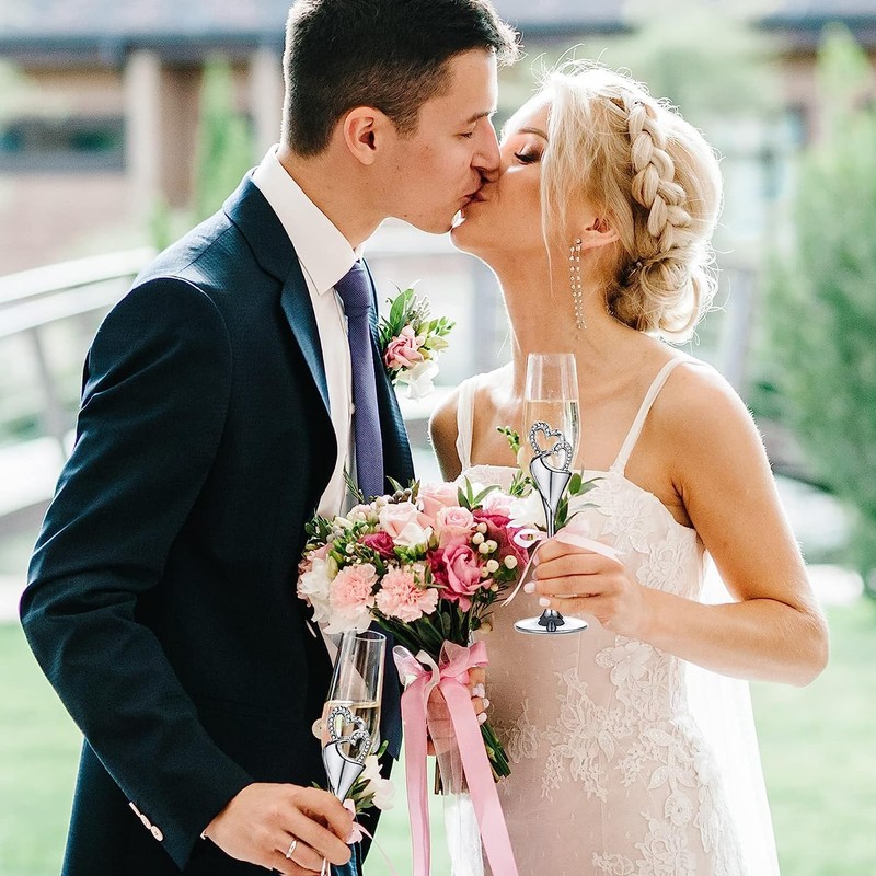 ukgiftstoreonline Double Heart Wedding Champagne Flute with Sparkling Crystals