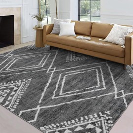 ReaLife Rugs Machine Washable Area Rug Runner - Living Room Bedroom Bathroom Kitchen Entryway Office - Padded Low Pile Stain Resistant Premium - Moroccan Diamond Tribal - Jax - Gray 3' x 5'