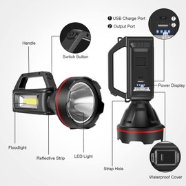 Rechargeable Spotlight Flashlight, High Lumens Handheld Spotlight,LED Searchlight with Shoulder Strap and USB Output for During Hurricane,Emergency, Storms, Outages,Hunting , Hiking, Camping(Black1)