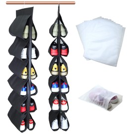 asoqwal 2 Pack 12 Large Pockets Hanging Shoe Organizer for Closet with Roating Hanger for Storage Mens Shoes,Kids Clothes,Also can used as Travel shoe rack hanging,Black