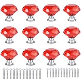ANJUU 12 Pcs 30mm Diamond Shape Crystal Glass Cabinet Knobs with Screws Drawer Knob Pull Handle Used for Kitchen, Dresser, Door, Cupboard (Red)