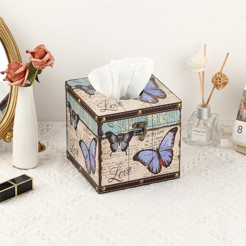 TOLIDA PU+ Wood Square Tissue Box Cover - Retro Household