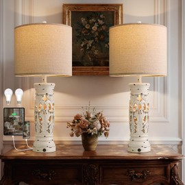 BOBOMOMO 27.25” Farmhouse Table Lamps Set of 2 – Antique White Bedside Lamps with Night Light & USB A+C Ports, Vintage Lamps for Bedroom, Living Room, Entryway, Console Table (Bulbs Included)