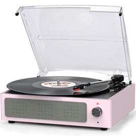 Vinyl Record Player with Speakers Turntable for Vinyl Records 3 Speed 3 Size Belt-Driven Wireless Receiver Portable All-in-1 Vinyl Player for Vinyls Auto Stop Headphone AUX RCA Line Out Pale Pink