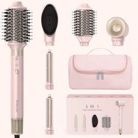 Annlary 5 in 1 Ionic Hot Air Styler, 1400W Powerful Hair Dryer Brush, Auto-Wrap Curlers, Paddle Brush for Fast Drying, Volumizing with Travel & Storage Bag