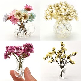 iLAND Miniature Dollhouse Accessories for Dollhouse Furniture Antique, Glass Vases w/ Dried Flowers Set (Elegant 4pcs)