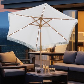 OVASTLKUY 7.5FT Patio Umbrella with Tilt Fringe Tassel Umbrella with LED Solar Lights And Crank For Yard, Pool, Deck, Beach, White