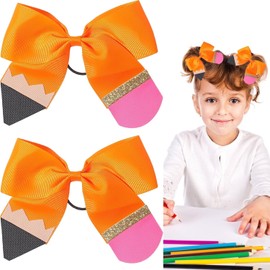 5 Inch Hair Bows Ties Back to School Bow Clip Pencil Cheer Hair Scrunchies Hair Bow Ponytail Holder Elastic Hair Bows Tie for First Day of School Kids Supplies 2PCS (Orange)