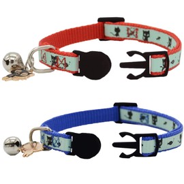 2 Pack Glow in The Dark Cat Collar with Bell Breakaway Safety Cat Puppy Collars with Pendant Red and Blue