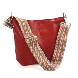 Huwzder Hobo Bags Vegan Leather Crossbody Bag Guitar Strap Shoulder Purses with Zipper Handbags for Women (Red 2)