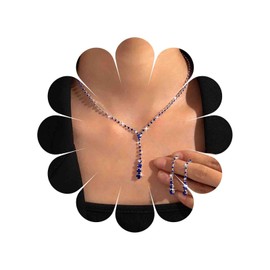 TseenYi Wedding Crystal Necklace Earrings Set Gold Rhinestone Lariat Necklace Saprkly CZ Tassel Drop Earrings Bridal Prom Costume Sets Tennis Choker Necklace Cubic Zirconia Lariat Necklace, Zinc