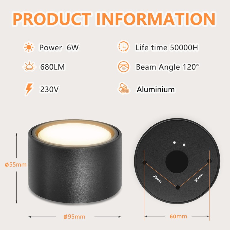 GeyouLux LED surface-mounted spotlight, black, diameter 95 x 55 mm,