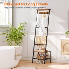 HOOBRO Blanket Ladder, 7-Tier Giraffe Shape Towel Rack for Living Room and Bedroom, 63.4" H Decorative Ladder Shelf with Hooks, Metal Frame, Industrial Style, Rustic Brown and Black BF13CJ01