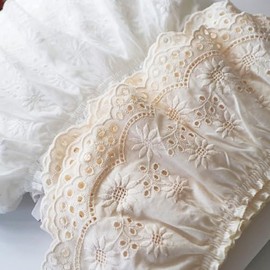Yalulu 2 Yards Cotton Ruffle Trim Lace Trim Eyelet Lace Fabric for Sewing Embroidery Lace Trim for Dresses, Baby Clothes, DIY Craft Ribbon (Beige)