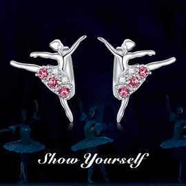 Ballerina Hoop Earrings 925 Sterling Silver Dancer Jewelry with October Pink Birthstone Crystals, Ballet Themed Dancer Gifts for Women