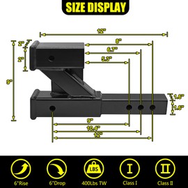 KAIRAY Double Hitch Receiver, 2 inch Trailer Dual Hitch Extension Riser, Hitch Adapter Fits for 2 inch Receiver Extender to 10 inch Max Length, 6 Inch Riser/Drop