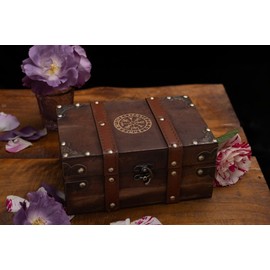vuagmiv Wooden and Leather Chest The Rune Viking Compass Engraved Wooden Box with Velvet Lining Vegvisir Wiccan Accessories and Tool Storage Box