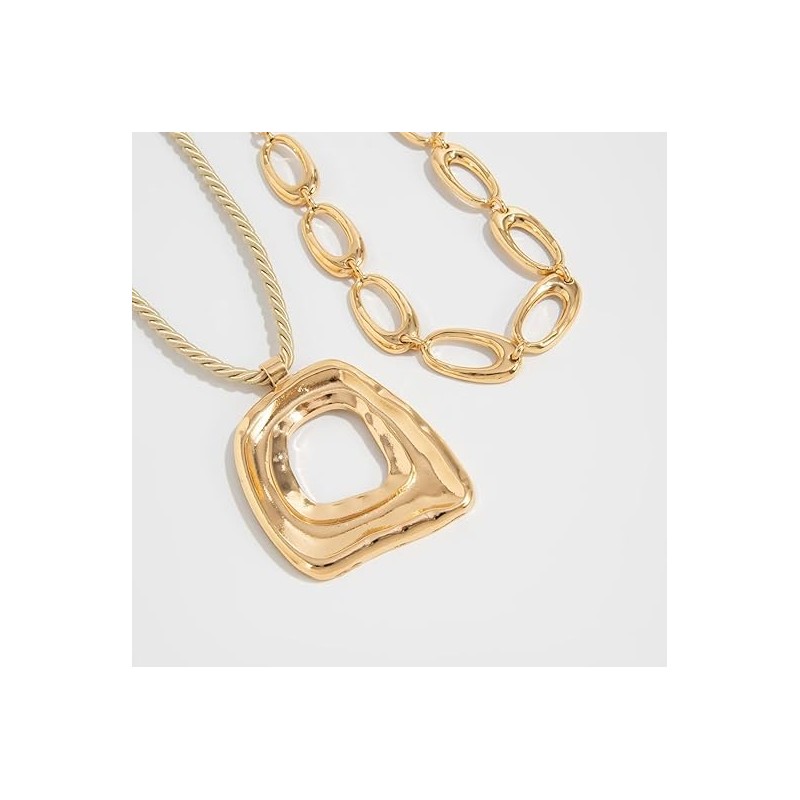 DIONFEI Fashionable Layered Gold Chain Pendant Necklace - Beige Rope
