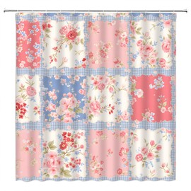 ZRUWUA Boho Patchwork Shower Curtain Pink Floral Stitching Vintage Retro Bohemian Style Bathroom Decor Curtain with Hooks,70" WX70 H