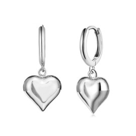 WangGao Stainless Steel Puffy Heart Earring Hearts Dangle Hoop Earring Puffed Hearts Drop Huggie Love Charm Hoops Earrings for Women,Silver Color