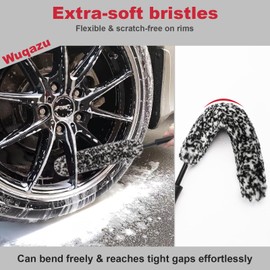 Wuqazu 8PCS All-in-One Wheel & Tire Cleaning Kit - 360° Flexible Synthetic Wool Rim Brush, 2 Dual-Hardness Brushes, Dressing Pads & Storage Bag | Scratch-Free for All Vehicles