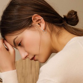 Crystal Hoop Ear Cuff Earrings - Sterling Silver Hypoallergenic Cubic Zirconia Ear Cuff Earrings Chain Round CZ Huggie Earrings Cartilage Earrings Gift for Women