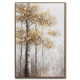 Modern Forest Tree Canvas Wall Art, Hand-Painted Oil Painting, 24 x 36 inches, Gold and White