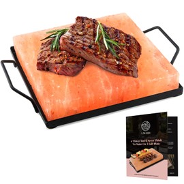 UMAID Himalayan Salt Block Cooking Plate 8x8x1.5 for Cooking, Grilling, Cutting and Serving, Food Grade Rock Salt Stone On Steel Tray with Recipe Pamphlet Unique Gifts for Men, Women, Dads & Cooks