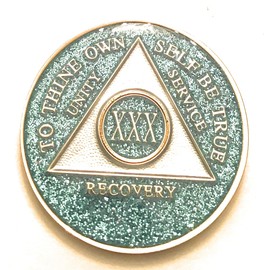 30 Year AA Medallion - Aqua, Turquoise, Blue, Bling, Glitter, Sparkle, Alcoholics Anonymous Sobriety Chip, Token