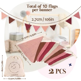 MutoToy® Pack of 2 Bunting for Children's Room, 2.7 m Bunting Fabric Made of Muslin Cotton, Garland for Children's Room for House Bed, Baby Bed, Children's Bed, Baby Room, Wall Decoration (Pink)