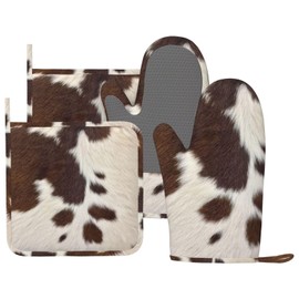 CEVIOLINRE Cow Print Oven Mitts and Pot Holders Set Silicone Heat Resistant Brown Cowhide Western Farmhouse Kitchen Gloves Set Cow Print Kitchen Mittens Pot Holders for BBQ Cooking Baking Grilling