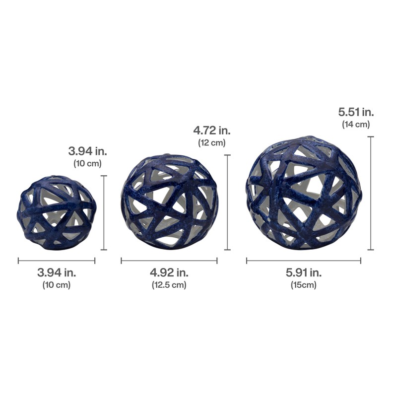 Elements Decorative Ceramic Cutout Spheres, Blue, Set of 3, 4,