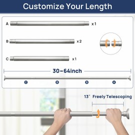 ENJOYBASICS Shower Curtain Rod 30 to 64 Inches, 1 Inch Stainless Steel Adjustable Spring Tension Rods No Drill for Bathroom, Closet, Window, Room Divider, Never Rust, Non Slip, Nickel
