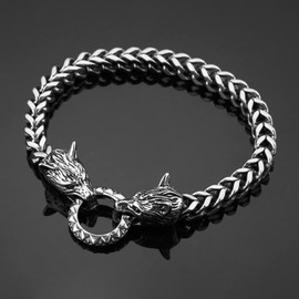 HZMAN Viking Wolf Head Bracelet for Men Stainless Steel Retro Gothic Punk Norse Viking Wolf Fenrir Cuban Chain Link Bracelet Biker Party Jewelry Gift