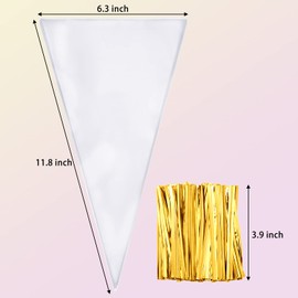 Outus 100 Pcs 7 x 12 Inch Cone Shaped Treat Bag Clear Cello Cellophane Medium Transparent Sweet Popcorn Candy Bags with 100 Pieces Twist Ties for Party Favor(Gold Twist Ties)