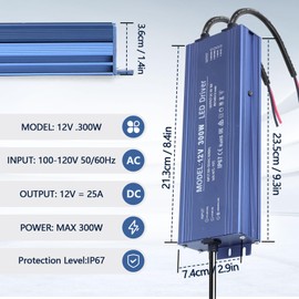 SUCIKORIO 12V 300W LED Driver Waterproof IP67, Ultra Slim LED Transformer 110V AC to 12V DC 25A 300 Watt Quiet Low Volt Converter LEDs Power Supply Constant Voltage for LEDs Strip, Indoor & Outdoor