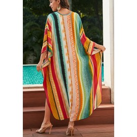 L-Peach Women's Bohemian Kaftan Maxi Loungewear Oversized Nightdress Homewear Beach Cover Up Dress, B Orange Green
