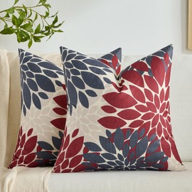 Cushion Cover 45 x 45 cm Boho Decorative Cushion Red and Grey Dahlia Spring Summer Linen Decorative Cushion Sofa Cushion Decorative for Sofa Garden Living Room Bedroom Patio Set of 2