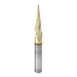 Amana Tool Up Cut Spiral CNC Router Bits for 2D/3D Carving, ZrN Coated, 46280, 6.2 Deg Tapered Angle Ball Tip x 1/32 D x 1/64 R x 1 x 1/4 Shank 3 Fl